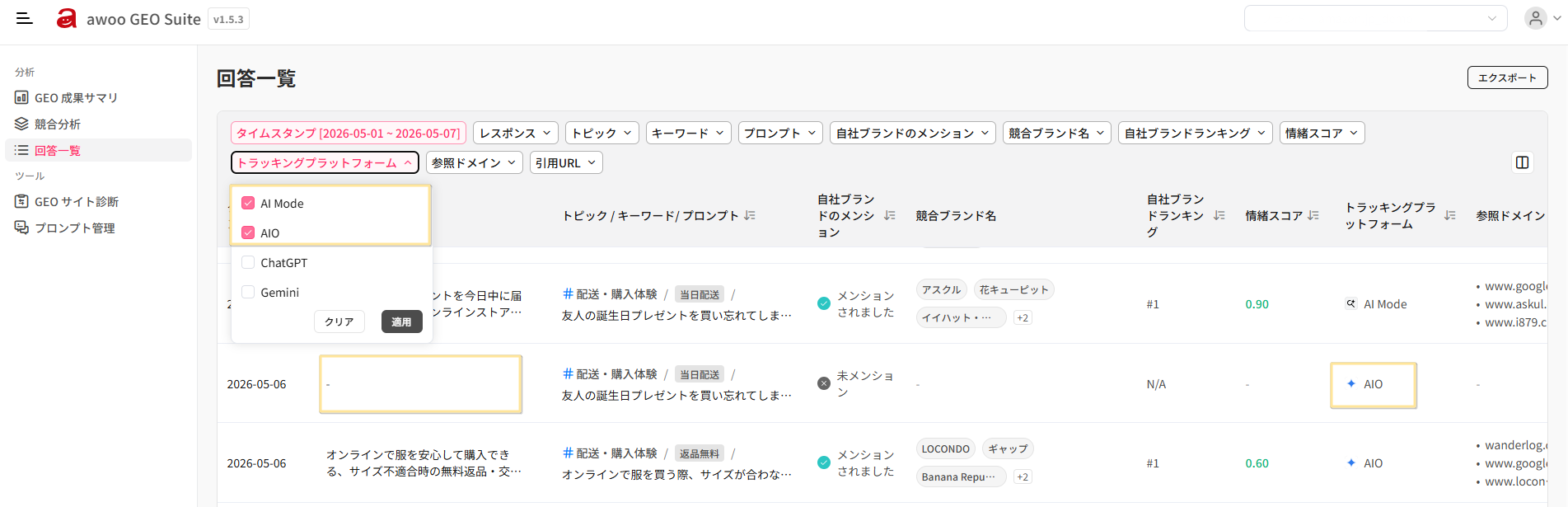 トラッキング対象のプロンプトによっては、AI Overview がトリガーされず、「回答なし」となる場合があります。